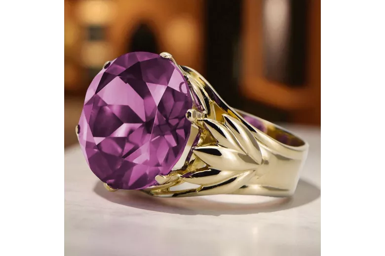 Pierścionek z żółtego 8k złota z Ametystem vrc029x-am Styl Vintage Art Deco Rosyjski ZSRR Sowiecki styl